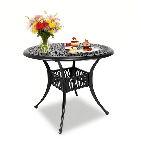 PATIO-IN 35 Inch Round Cast Aluminum Outdoor Dining Table with 2.4" Umbrella Hole, Weatherproof Bistro Table for Patio, Garden, Backyard, Black