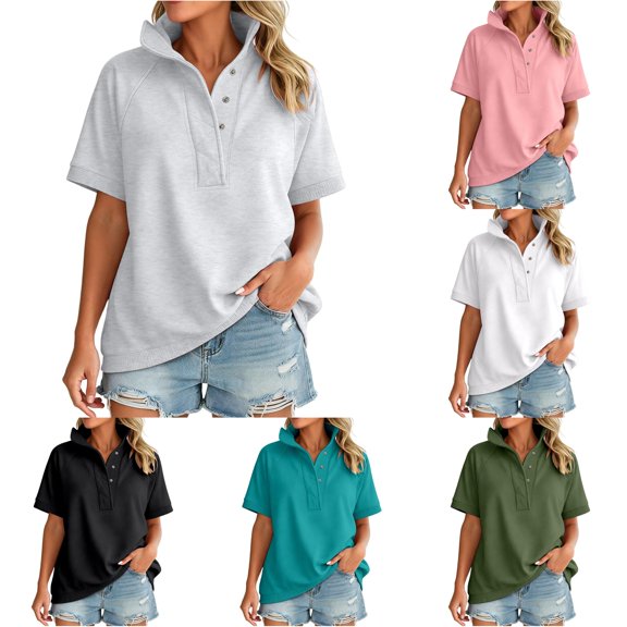 Huowey Womens Sweatshirt Solid Color Slim Fit Workwear Top Short Sleeve Lapel Collar Summer Commute Loose Fit Soft Comfort Lightweight Fall Clothes,Grey,M