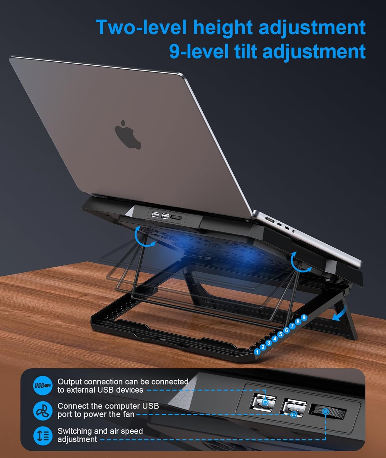 Laptop Cooling Pad, Cooler with 6 Quiet Fans Up to 17.3 Inch Heavy Notebook Stand, 8 Levels of Tilt, Two Height Adjustable (Black)