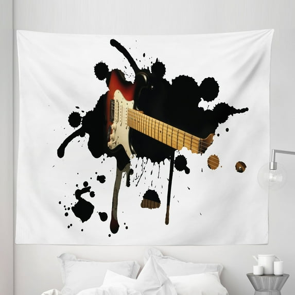 Popstar Party Tapestry, Electric Guitar Fretboard on Black Grungy Color Splashes Art, Fabric Wall Hanging Decor for Bedroom Living Room Dorm, 5 Sizes, Black Pale Brown Cream, by Ambesonne