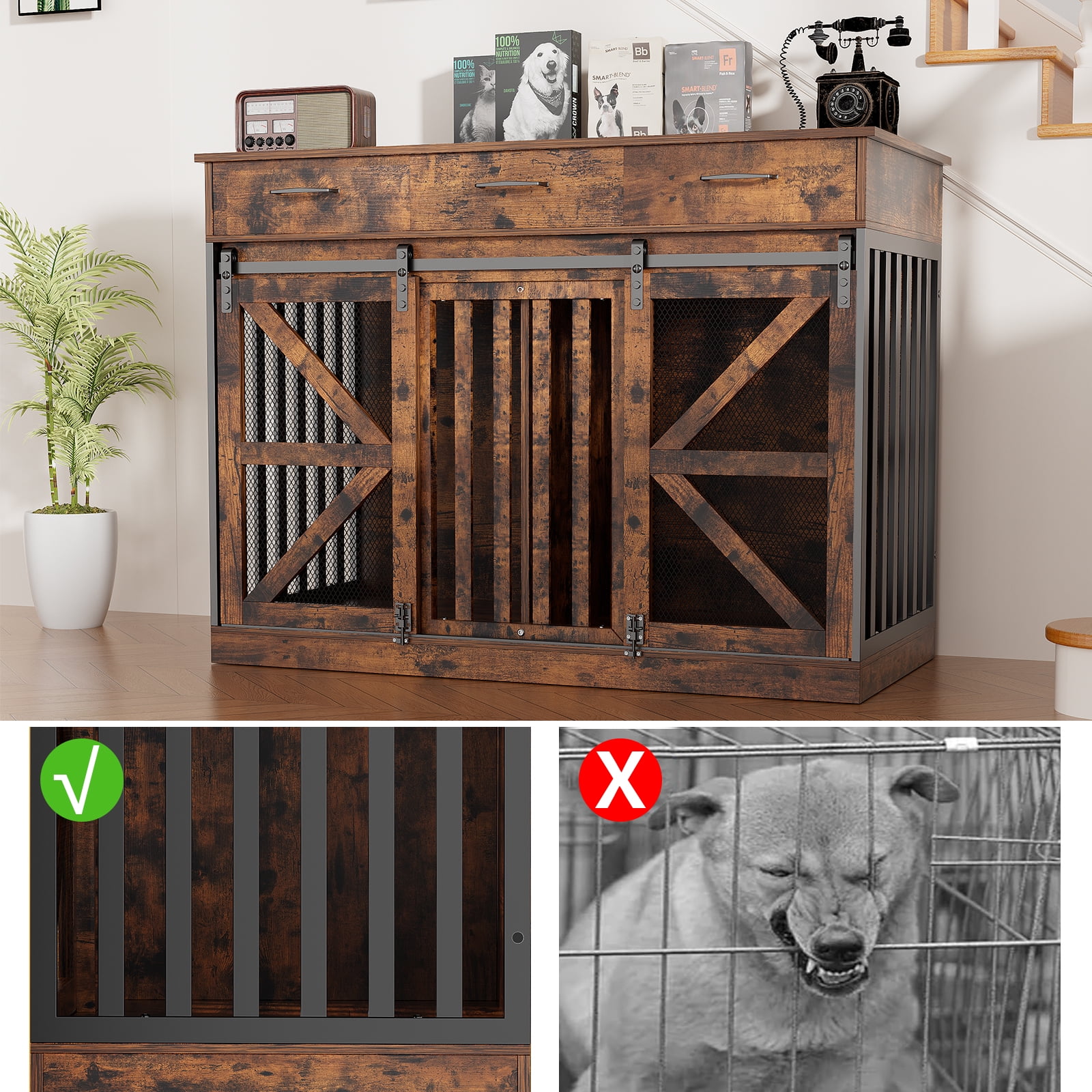 Casendy Dog Crate Furniture with Adjustable Divider for 2 Dogs, Heavy Duty Dog Kennels with 3 Drawers and Sliding Doors, Media Console Dog Cage for Living Room, Brown