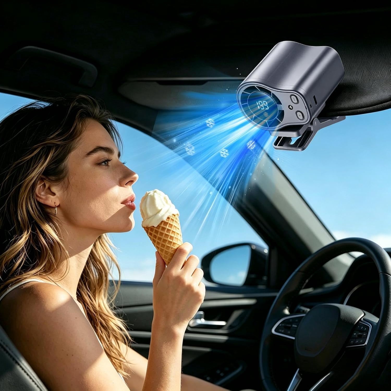 Car Fan , Clip On Low Noise LED Display , Clip On Fan - for Cycling Traveling Fishing Camping Beach Road Trip Jobsite Men Women Youth Teens