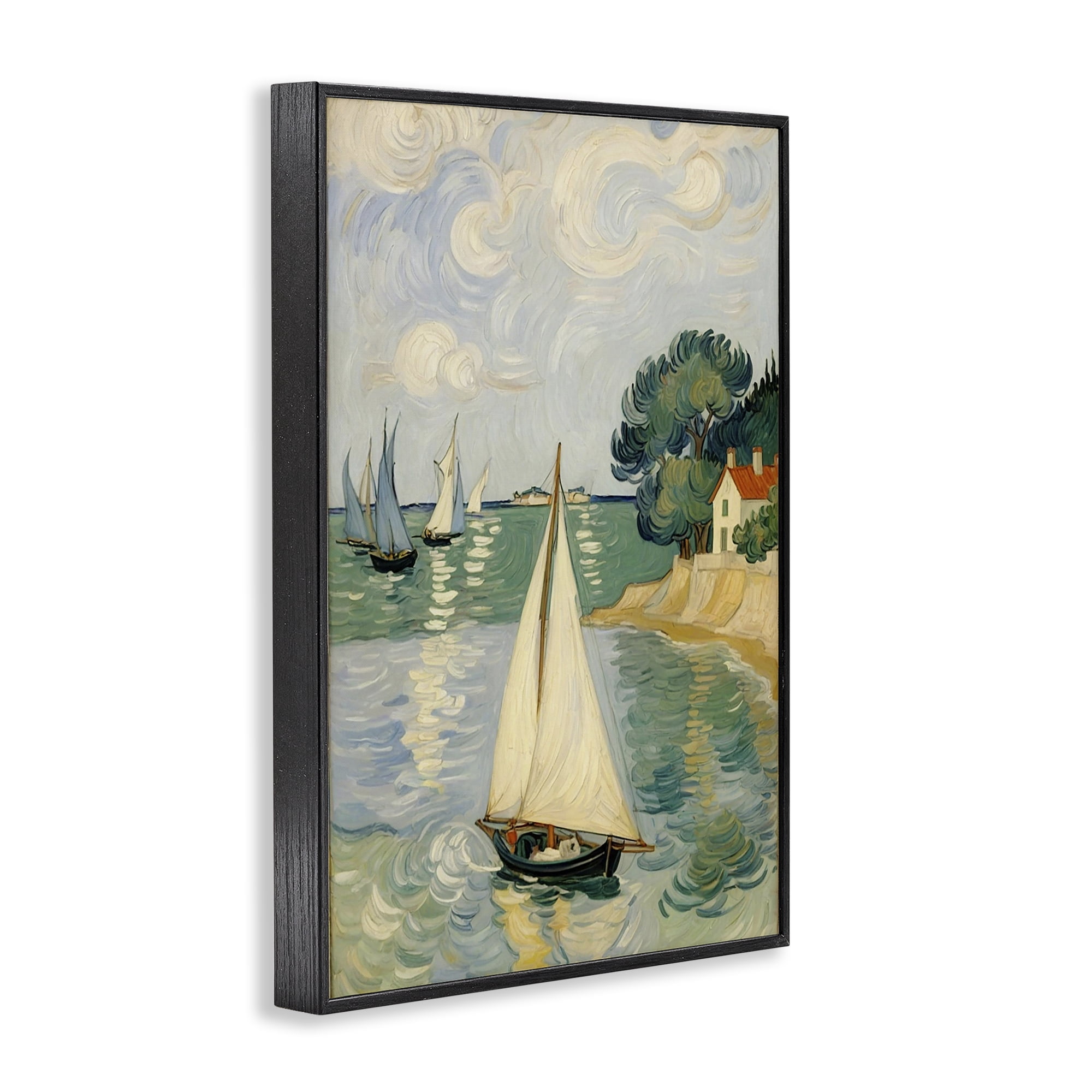 Stupell Industries Coastal Sailboats Under Swirling Clouds Black Framed Giclee Art, design by Angie Hawke