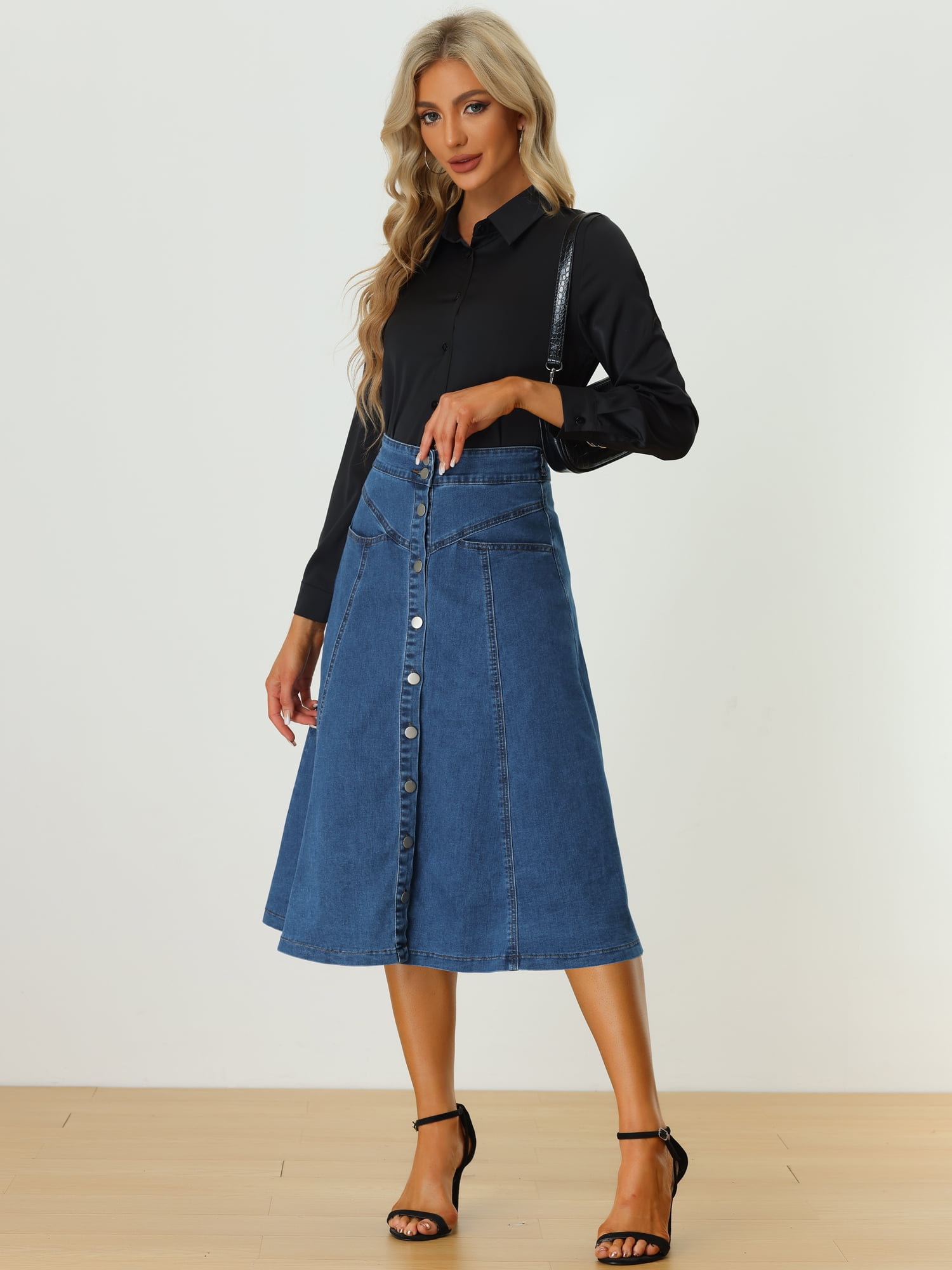 DARING DIVA Women's Buttons Front A-Line Flowy Midi Skirts with Pocket S Blue