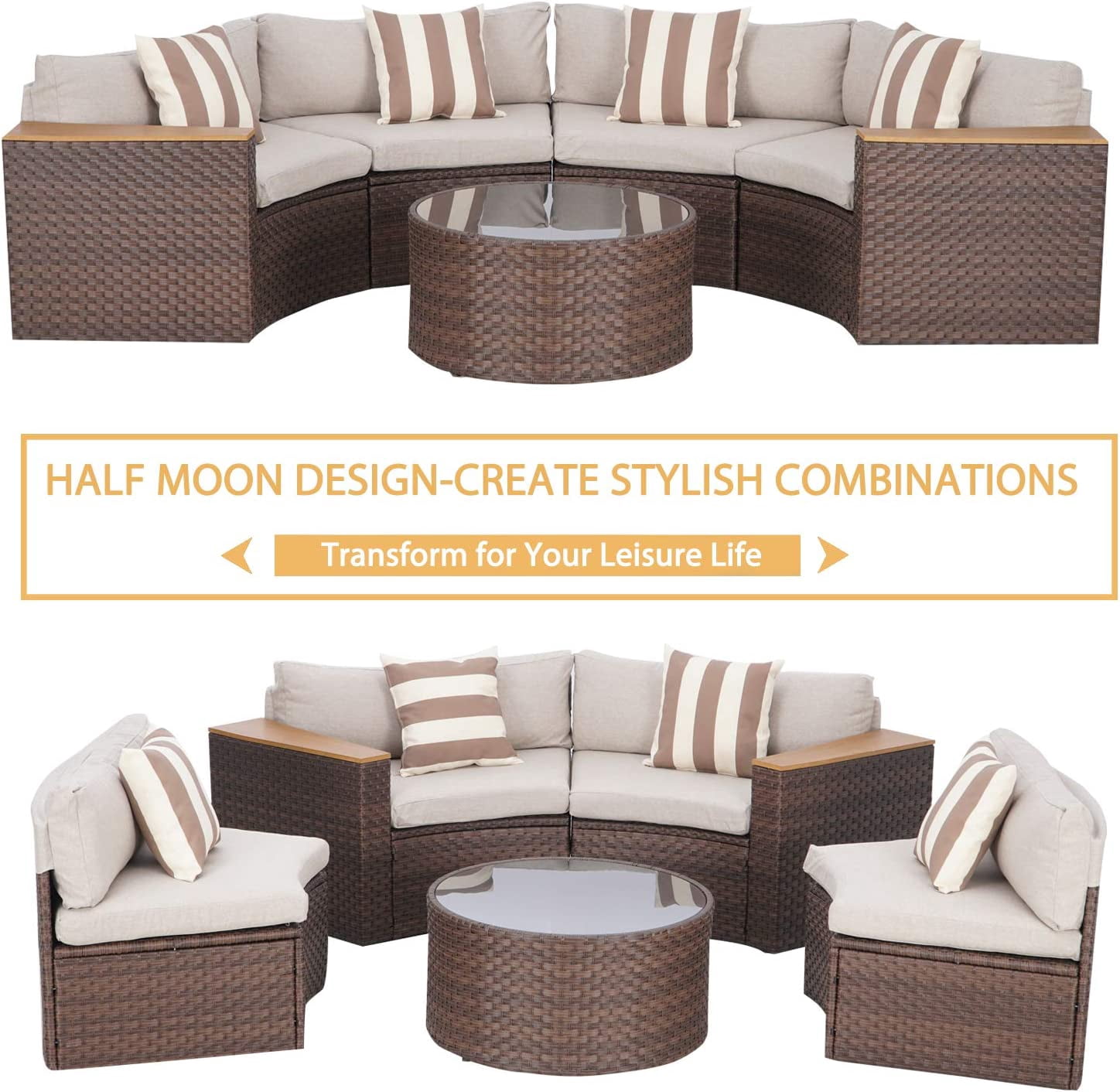 SOLAURA 5-Piece Patio Furniture Outdoor Half-Moon Sectional Sofa Set Patio Brown Wicker Conversation Set with Beige Cushions & Glass Coffee Table