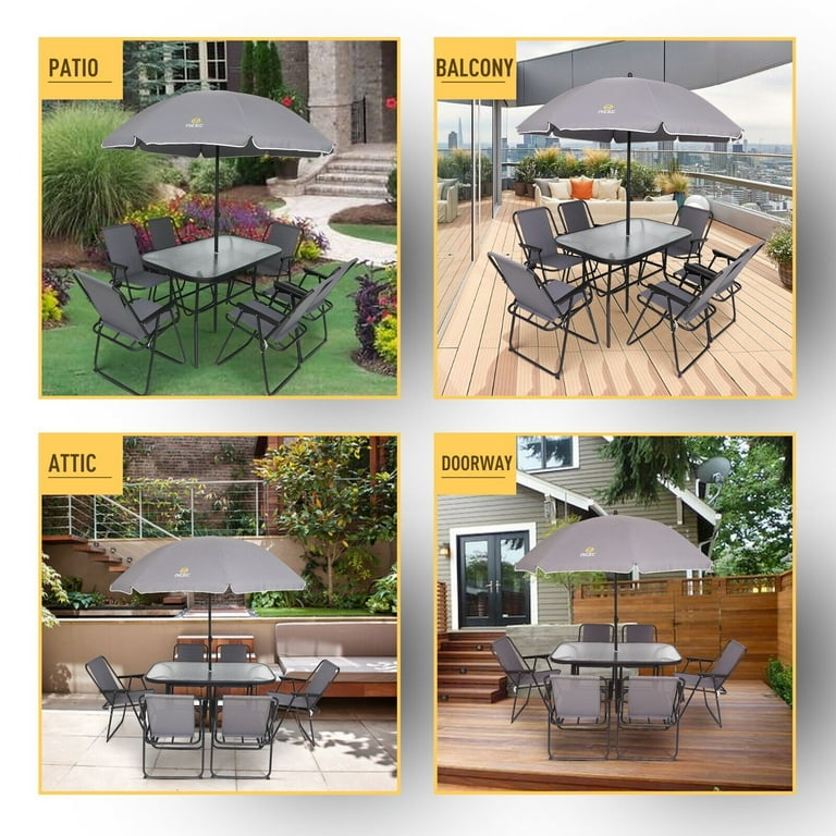8 Piece Patio Dining Set Garden Outdoor Furniture Table Set with Removable Umbrella Glass Table and 6 Folding Chairs Grey