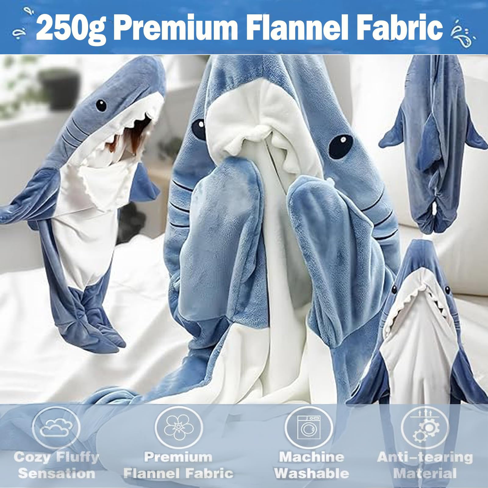 Shark Blanket Hoodie Onesie, Blue Wearable Sleeping Bag for Adults, Soft Cozy Costume, L