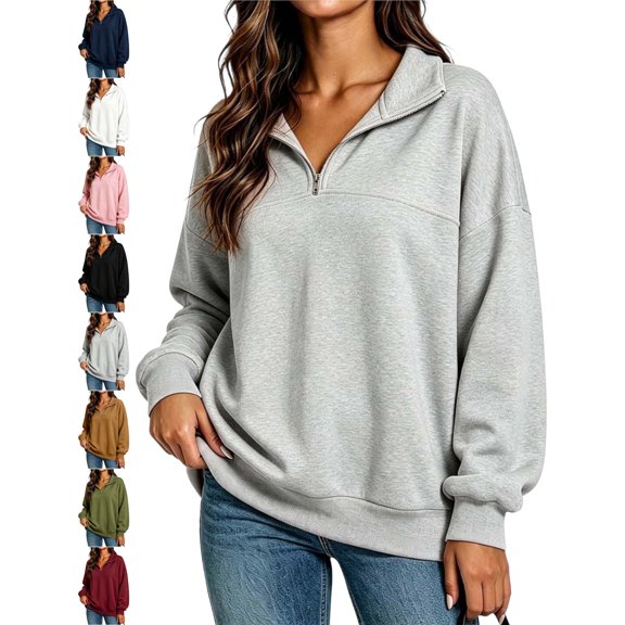 Women's Oversized Pullover Quarter Zip Sweatshirt Collared Long Sleeve Loose Basic Casual Everyday Top