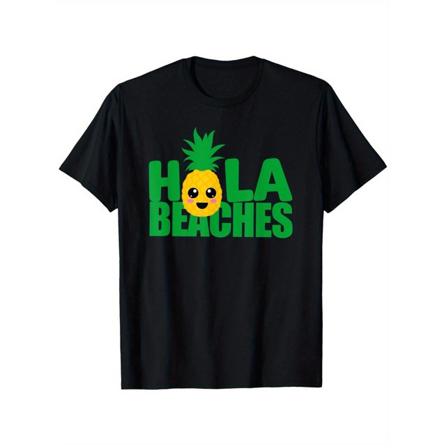 Camiseta con estampado de piña de Hola Beaches - 100 % algodón de 180 g/m², unisex, informal, para hombre y mujer, con un divertido diseño de vacaciones de verano, cómoda para todo el año, lavable a m