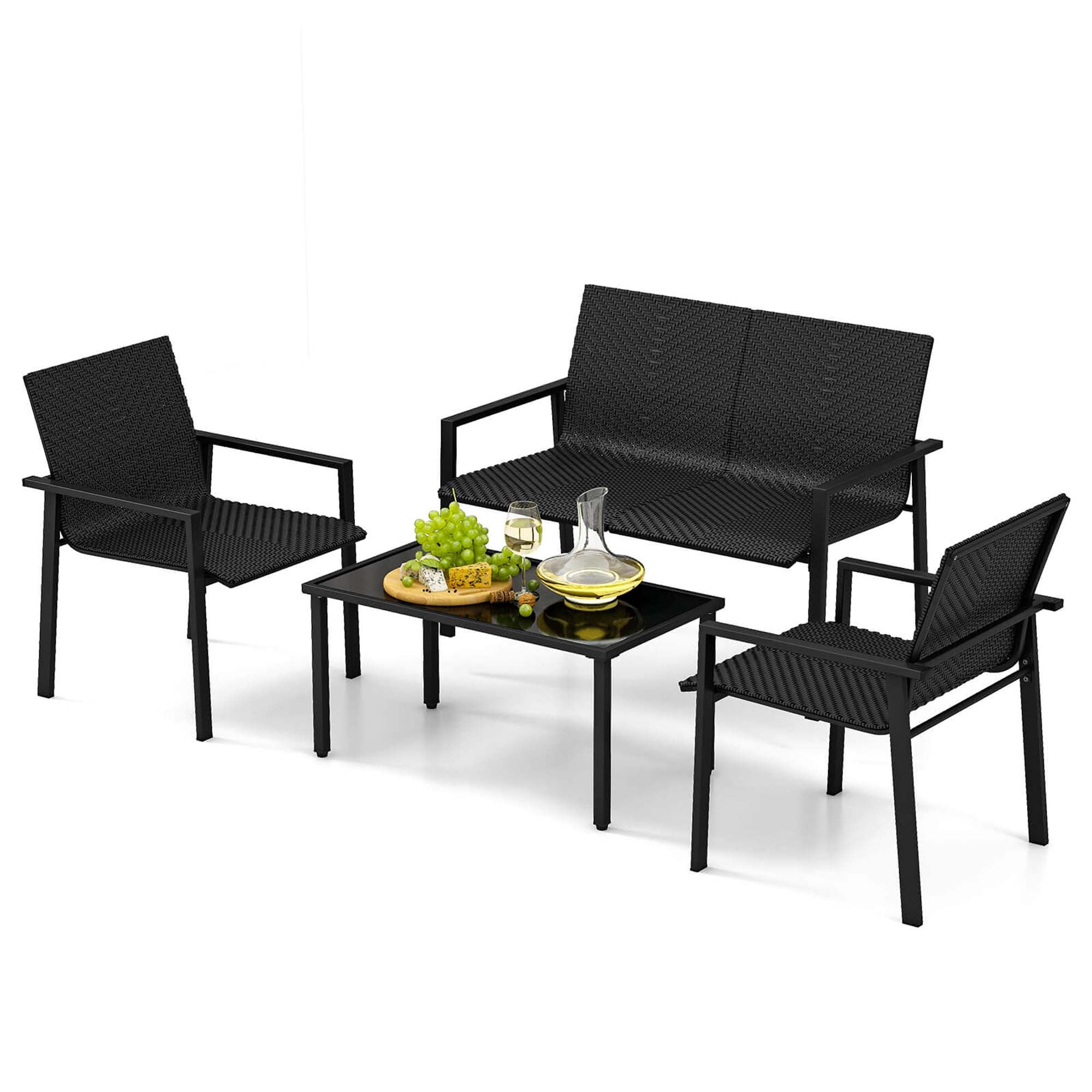 Costway 4 PCS Outdoor Wicker Patio Furniture Set w/ Heavy-Duty Galvanized Metal Frame Black