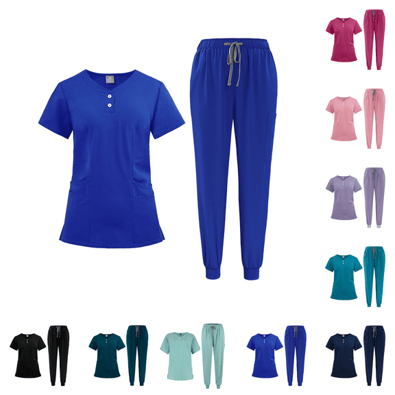 Scrubs for Women Set V-Neck Scrub Top & Jogger Scrub Pants with Pockets, Comfortable Scrubs Royal Blue S