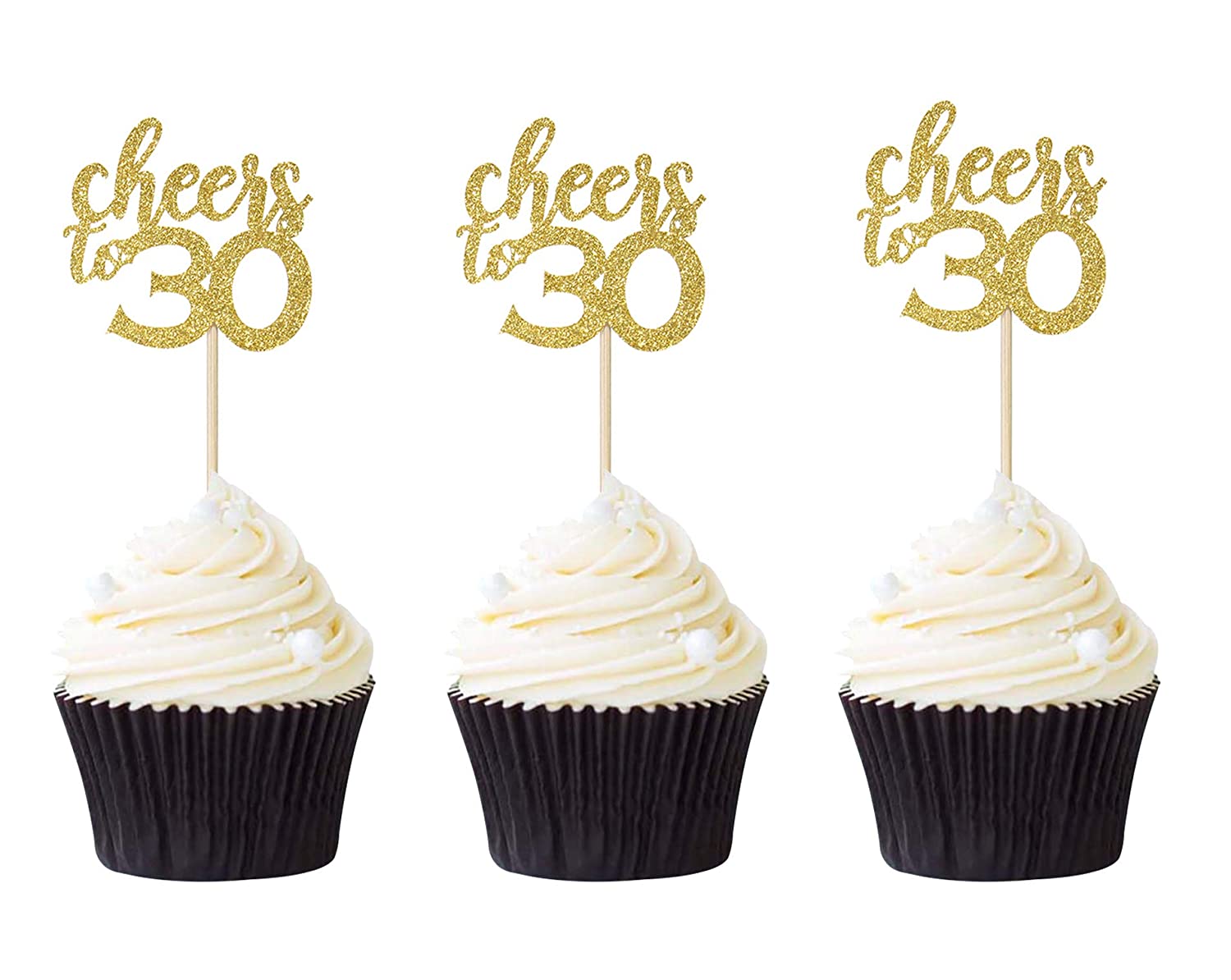 Pack Of 24 Cheers To 30 Cupcake Toppers Gold Glitter 30th Birthday ...