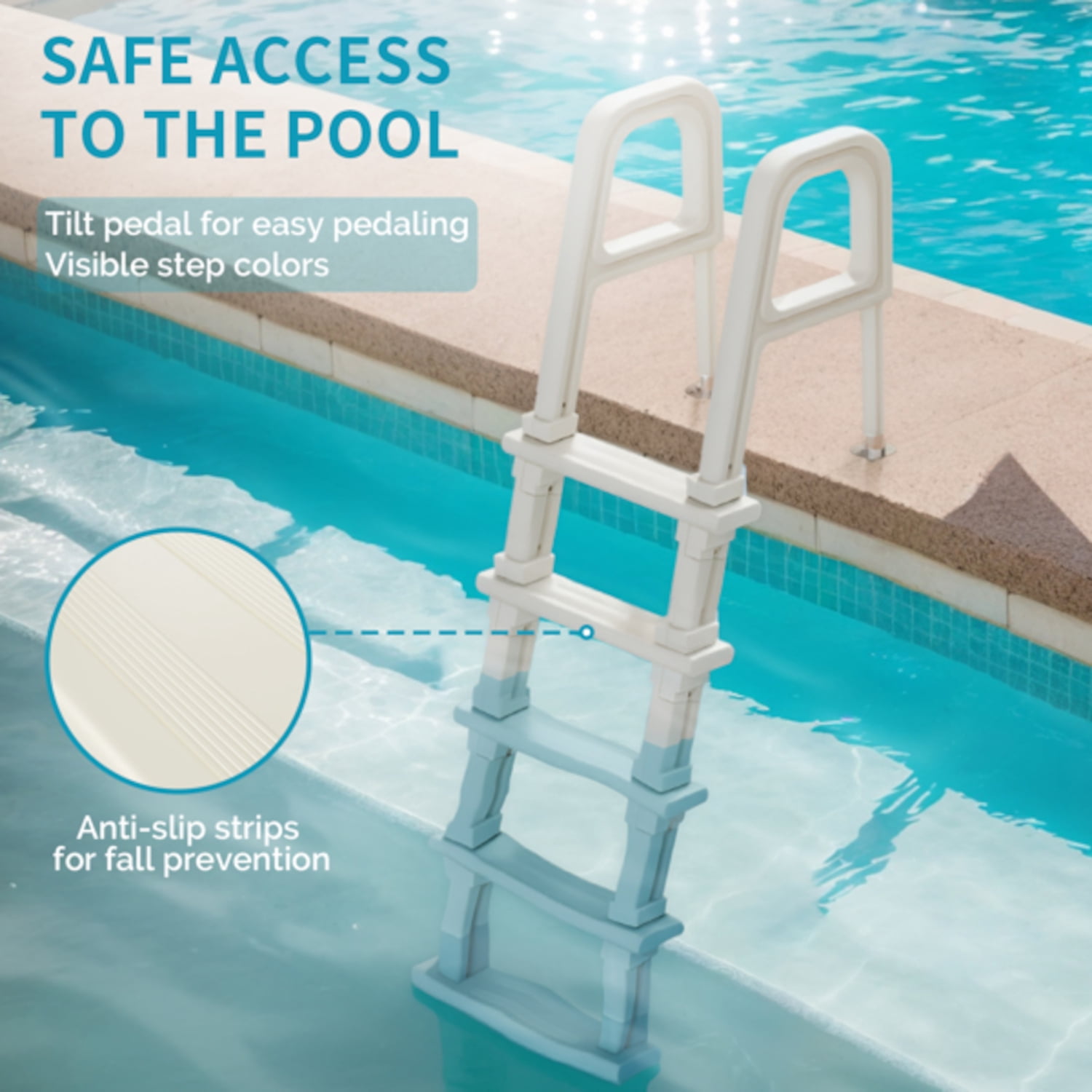 Alvantor Heavy Duty In-Pool Ladder with 5 Non-Slip Steps and Handrails for Above Ground Pools 47 to 54 in Deck Height White
