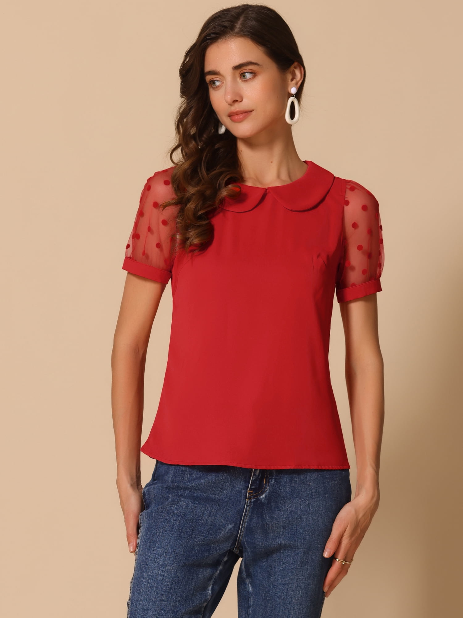 DARING DIVA Women's Polka Dots Mesh Peter Pan Collar Blouses M Red