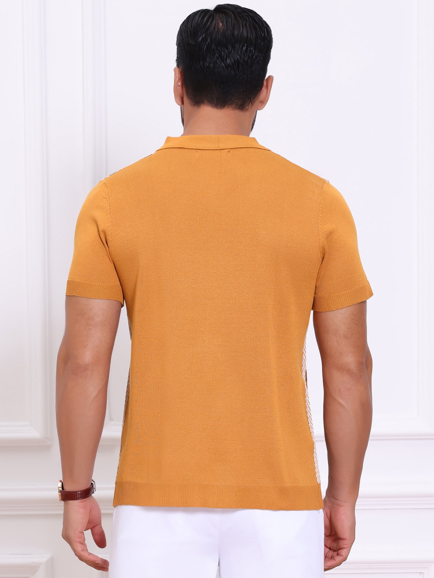 DARING DIVA Men's Striped Short Sleeves Button Down Jacquard Polo Shirts S Dark Yellow
