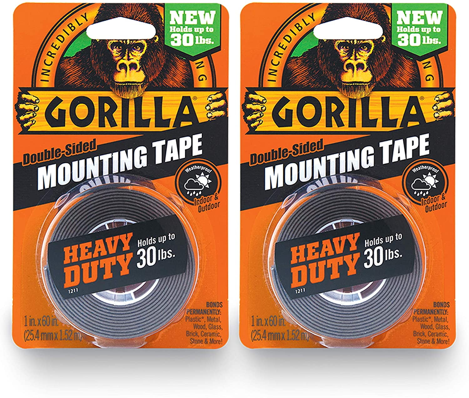 Gorilla 60550012 DoubleSided Heavy Duty Mounting Tape (2 Pack), 1" x