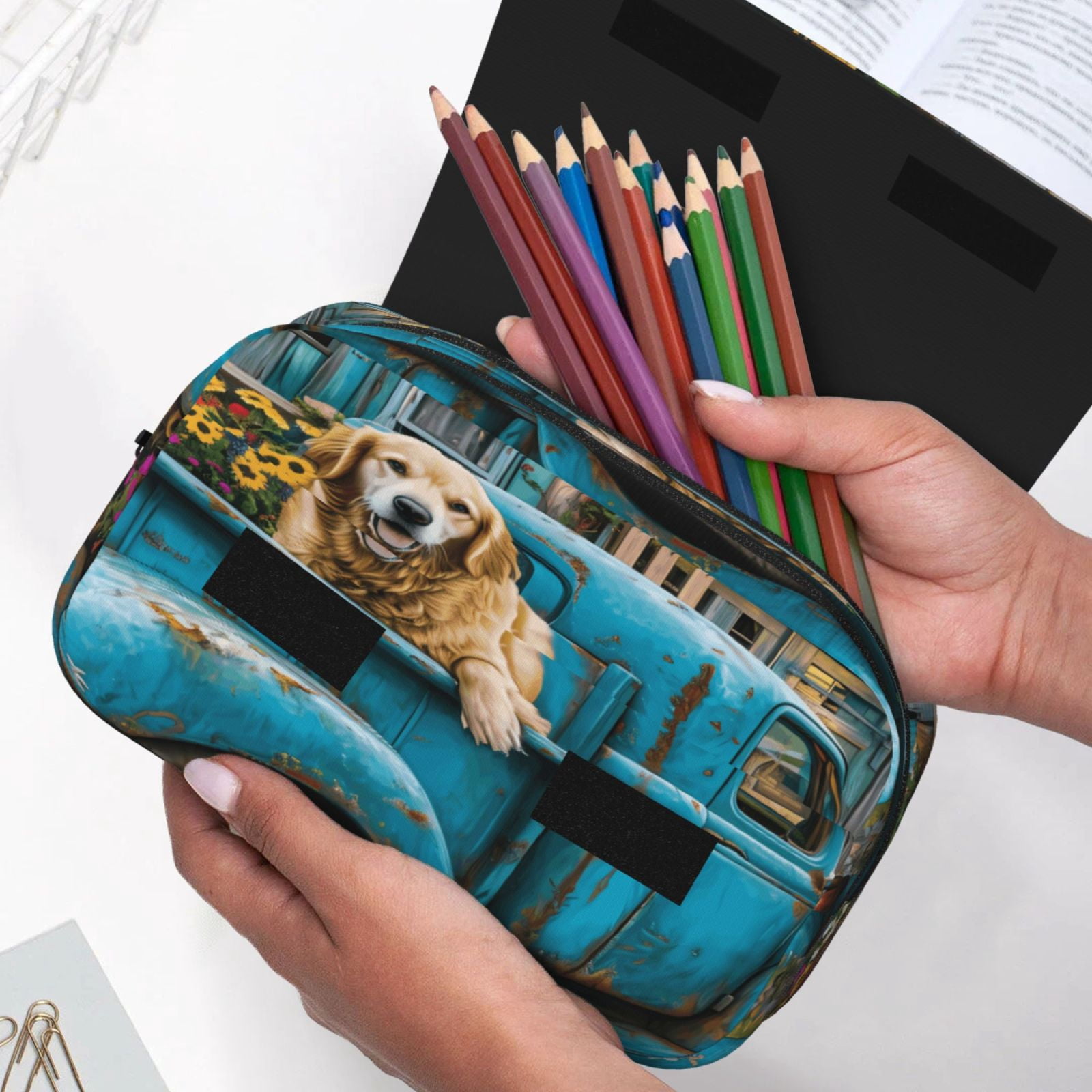 Rateoe Vintage Pickup Sunflower Dog Pattern Double Clamshell Pen Case, Storage Organizer with Two Zipper Compartments– Holds Up to 50 Pencils & Pens