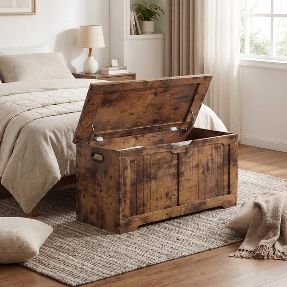 Wide Wooden Storage Bench with Dual Safety Hinges – Farmhouse Lidded Chest for Entryway, Bedroom, Living Room – Multipurpose Organizer – Brown