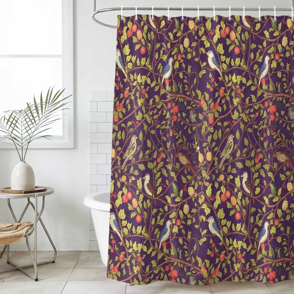Botanical Birds Waterproof Fabric Shower Curtain, Art Abstract Leaves Purple Waterproof Fabric Shower Curtain for Bathroom Curtains Bathtubs Hotel Washable Shower Curtains with 12 Hooks Small 36x72in