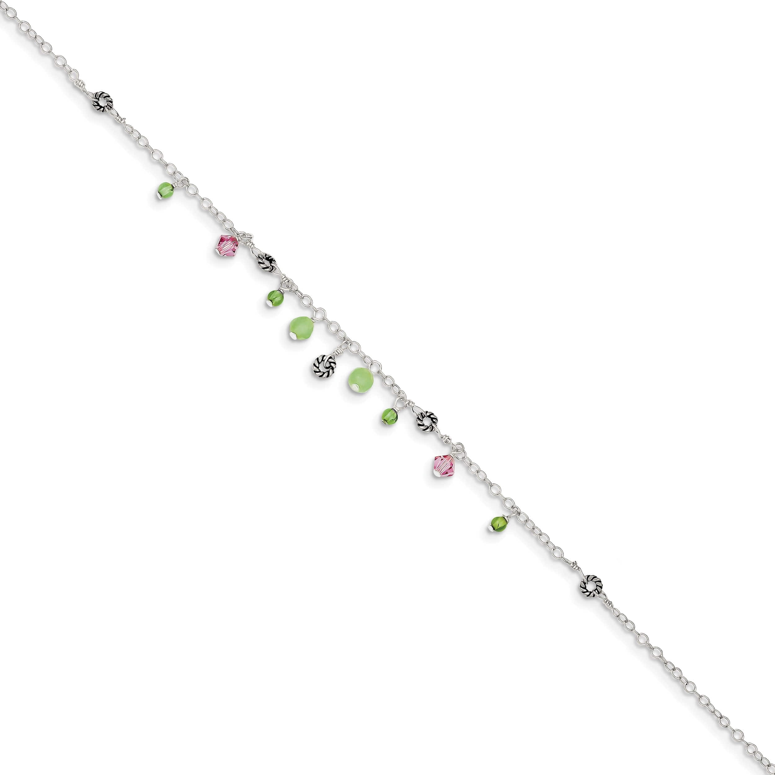 Sterling Silver 9In Pink Crystal Green Quartz Peridot Beads Anklet Made In Thailand qg1401-9