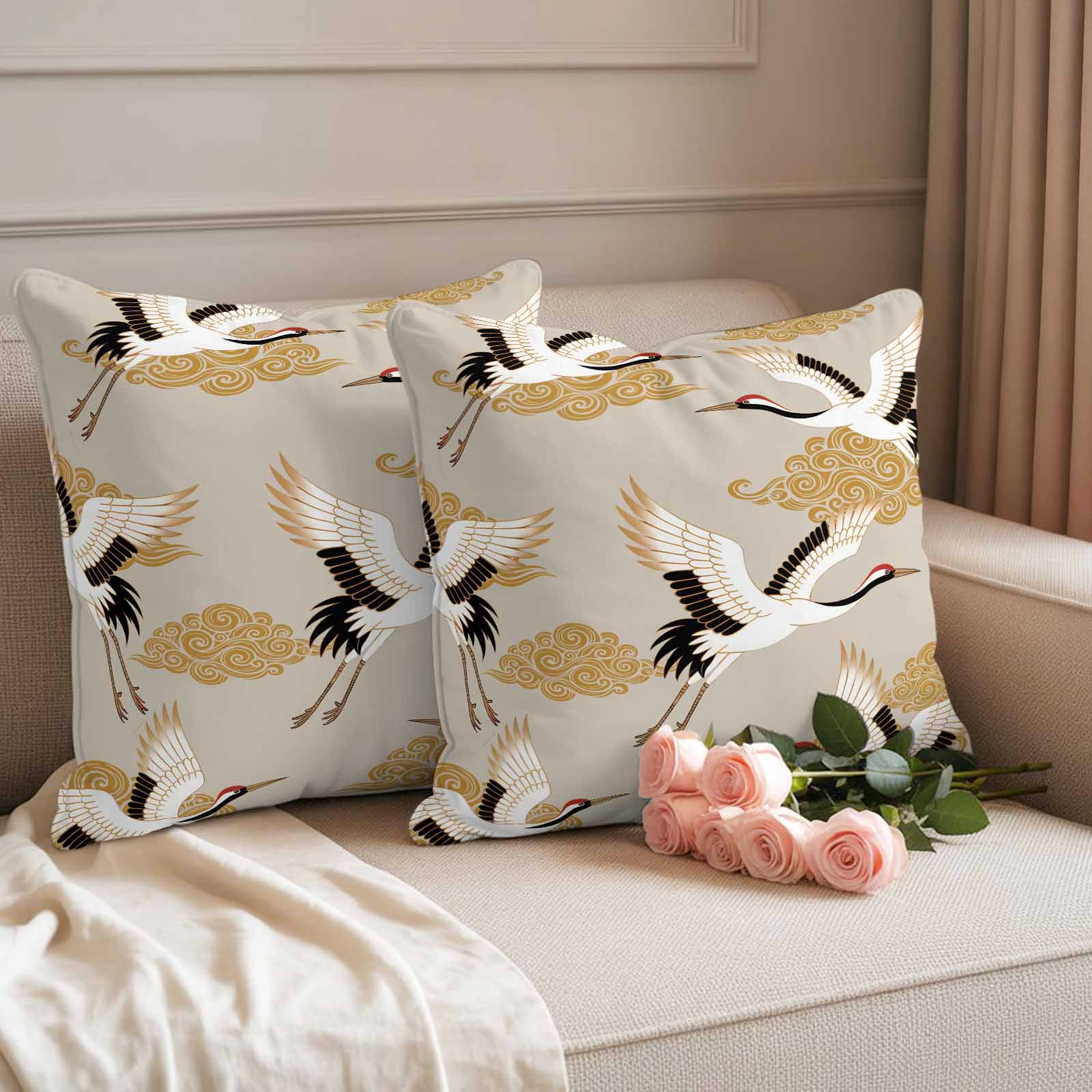 White Crane Outdoor Waterproof Throw Pillow Covers 16x16 Set of 2, Golden Chinese Auspicious Clouds Vintage Beige Pillowcases Cushion Pillowcase for Couch Sofa Patio Outside Pillow Protector
