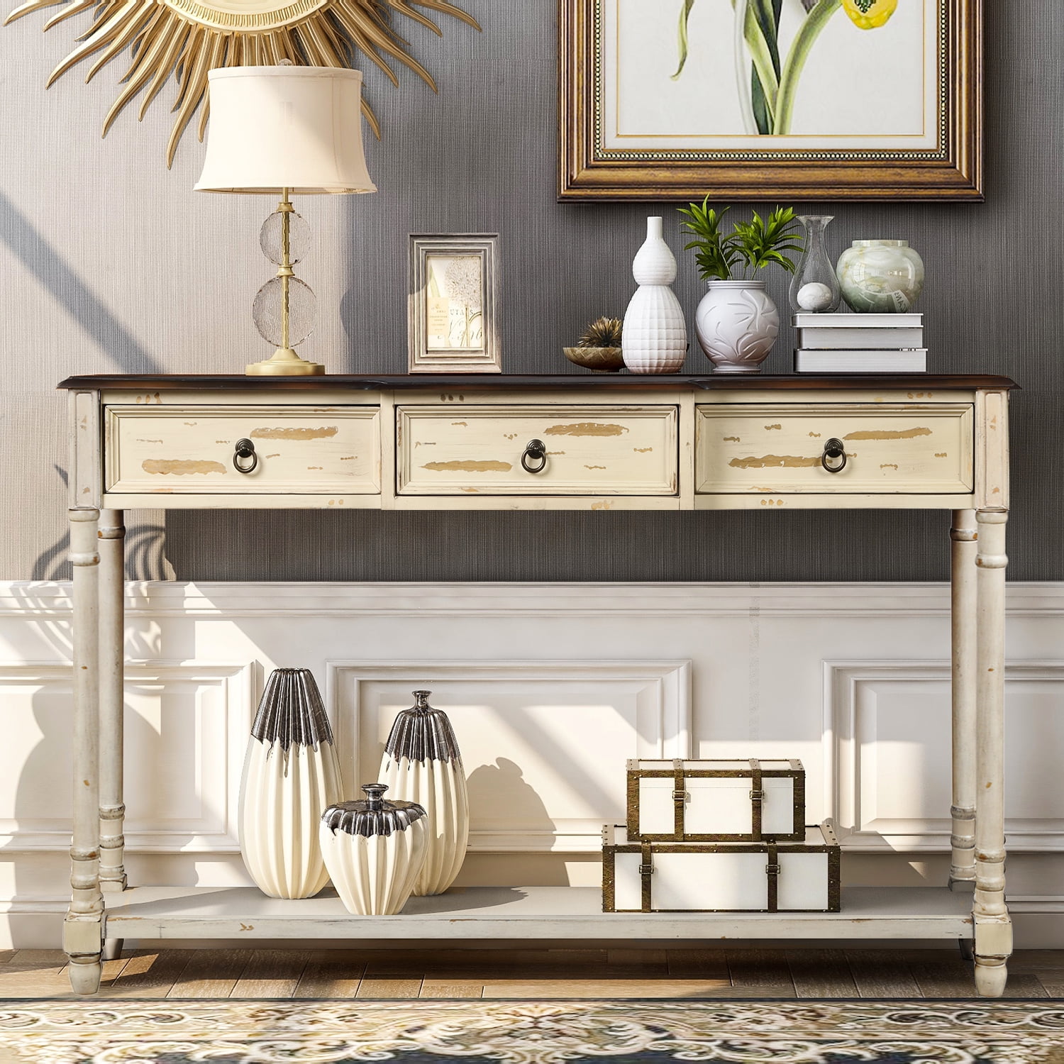 Console Table Sofa Table, Wood Retro Storage Cabinet with Drawers and ...
