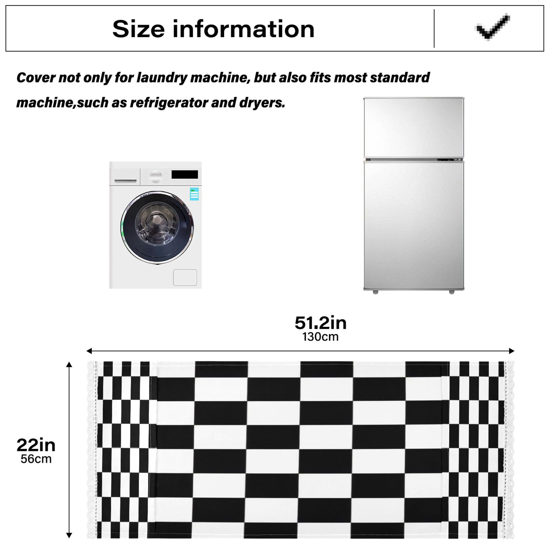 Washing Machine Cover 51.2x22in, Durable Polyester Dust Cover with Lace Trim and Side Pocket for Appliances Black and White Checkered