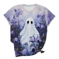 thumbnail image 5 of Women's Pastel Halloween Shirts Aesthetic Floral Ghost Graphic T-Shirts Short Sleeve Crew Neck Tees Casual Purple Flower Novelty Tops Fall Clothing, 5 of 6