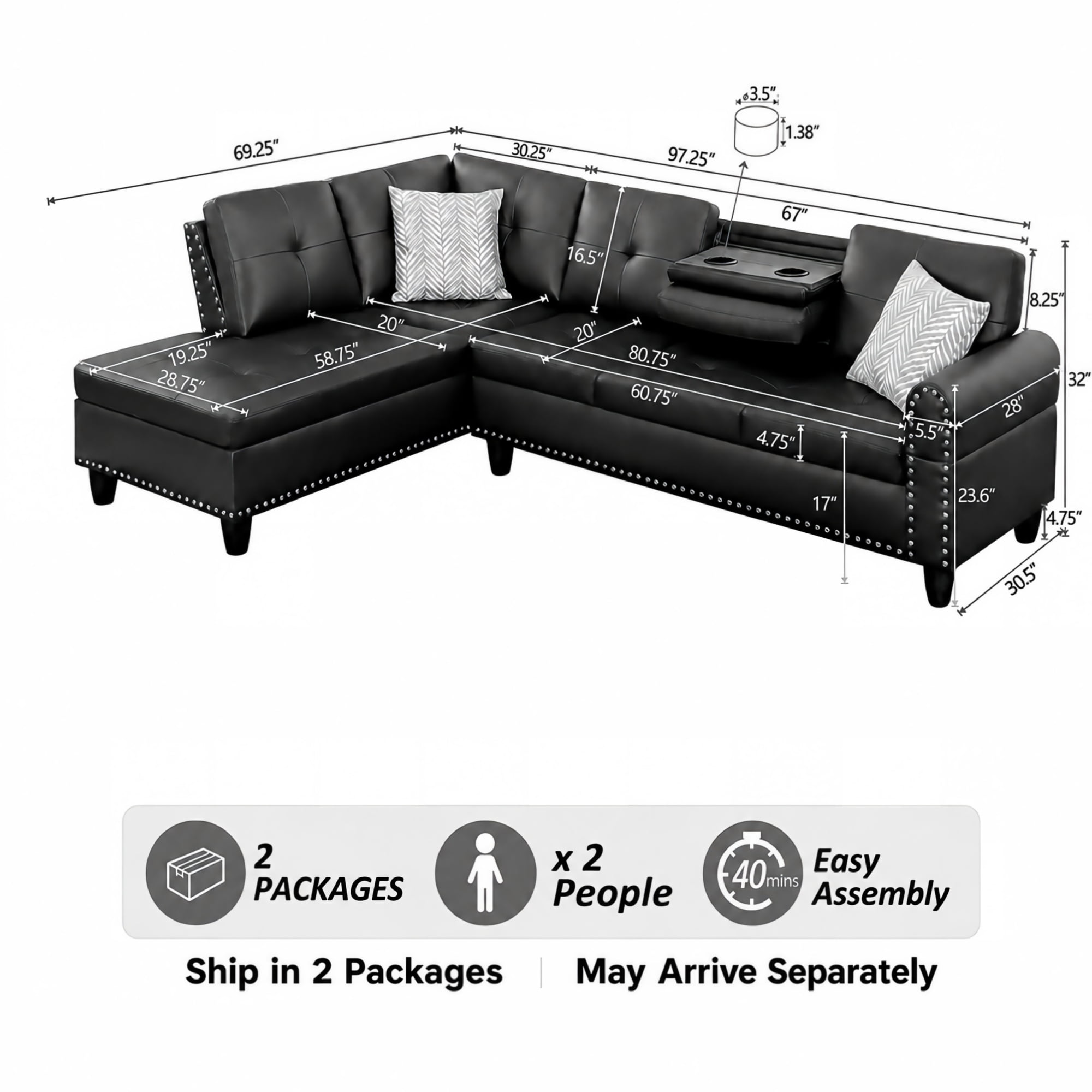 BSHTI 3-Seat Contemporary Linen L-Shaped Sectional Sofa with Chaise, Pull-Down Cup Holders, Toss Pillows for Living Room（Beige）
