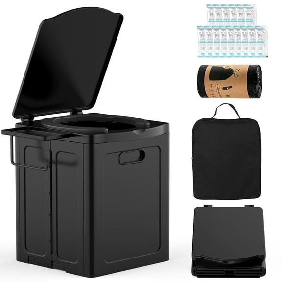 Fifame Portable Toilet for Adults, Folding Camping Design, 400 lb Capacity, Carry Bag, 15 Waste Bags and 15 Solidifier Packs, Black