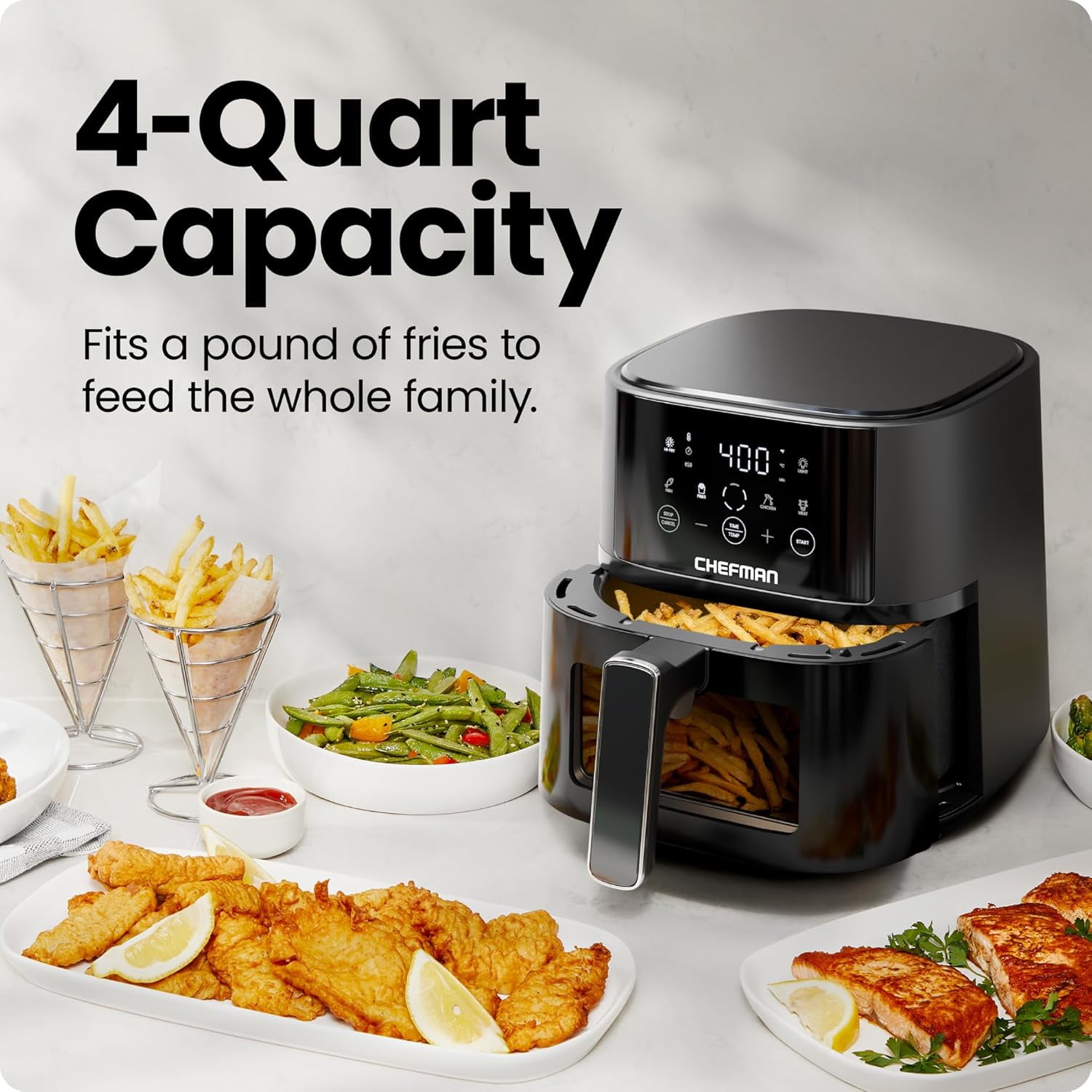 Air Fryer – 4 QT Compact Airfryer for Quick & Easy Meals, Features Hi-Fry Technology for Extra Crisp, Easy-View Window, Touch Controls with 4 Presets, Nonstick & Dishwasher Safe Basket - Black