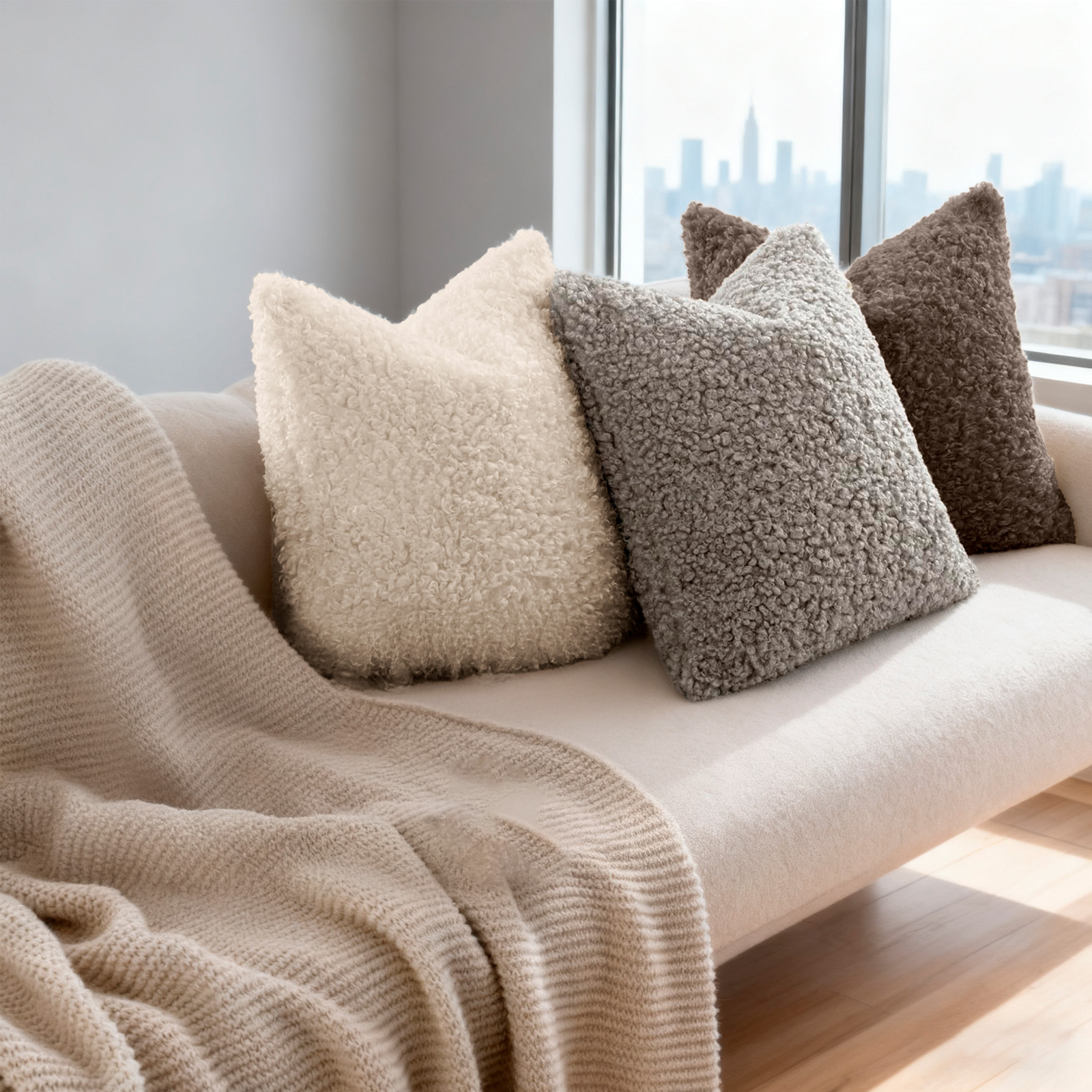 Sanmadrola Decorative Throw Pillow Covers 18" x 18" Set of 2, Teddy Fur Couch Plliowcase Cushion Cover Modern Farmhouse Home Decor, Light Gray