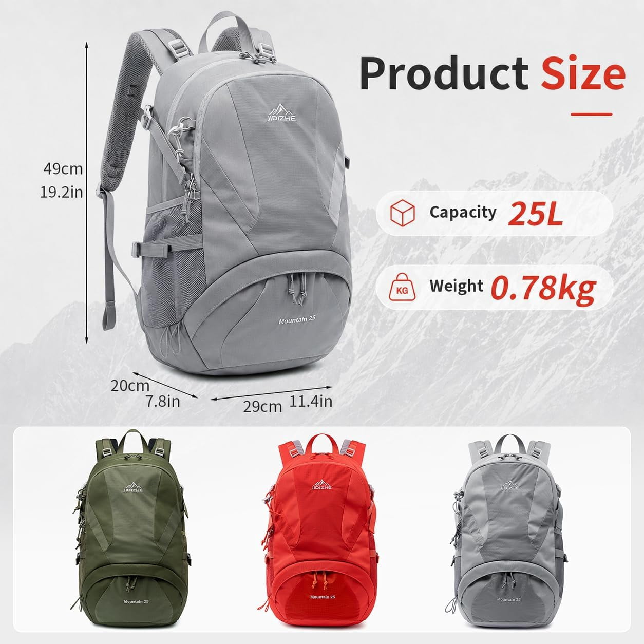 JIDIZHE 25L Hiking Backpack, Water Resistant Daypack with Rain Cover, Lightweight Design, Adjustable Chest Strap & Breathable Back Pad, Unisex for Hiking, Camping & Travel, Grey