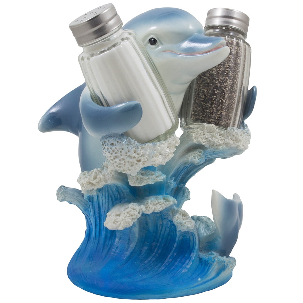 Decorative Dolphin Glass Salt and Pepper Shaker Set with Figurine