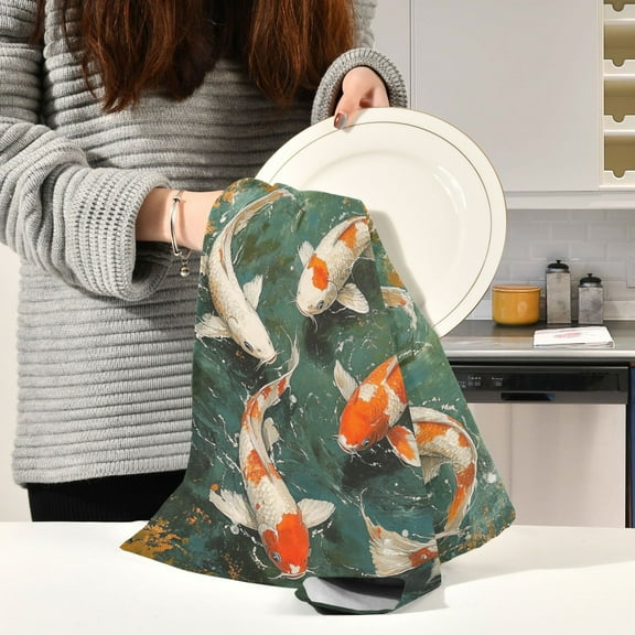 BZSMCE Kitchen Towels Creative Cute Goldfish Patterns Painting Pattern Durable Kitchen Towel