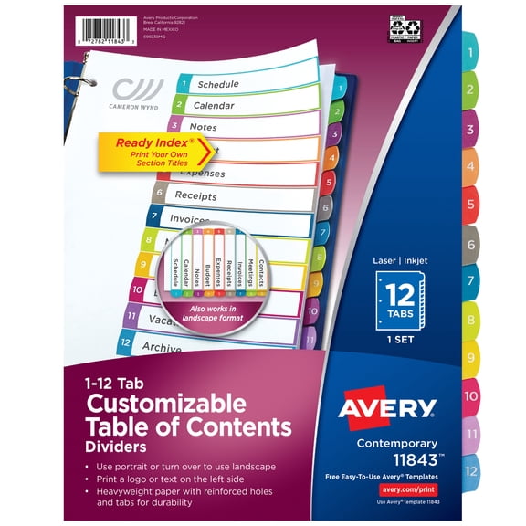 Avery Dividers, 12 Tabs, Ready Index, Arched Tabs (11843)