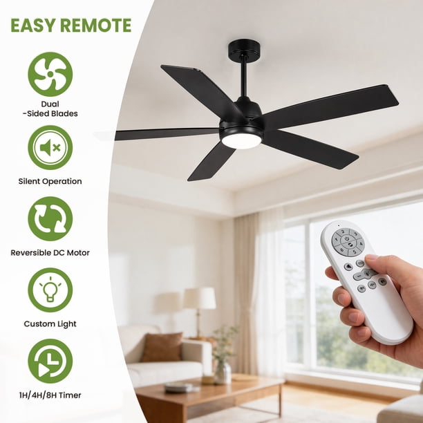 Yeshouse ventilador de techo de 52" con luz LED y control remoto, 3 temperaturas de color, motor DC reversible y silencioso, bajo consumo, acabado negro mate, ideal para dormitorio, sala o comedor