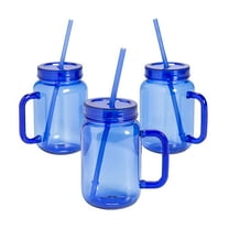 16 oz. Blue Reusable Plastic Jar Mugs with Lids & Straws - 6 count