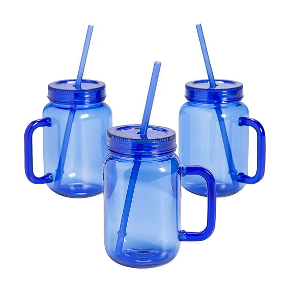 16 oz. Blue Reusable Plastic Jar Mugs with Lids & Straws - 6 count