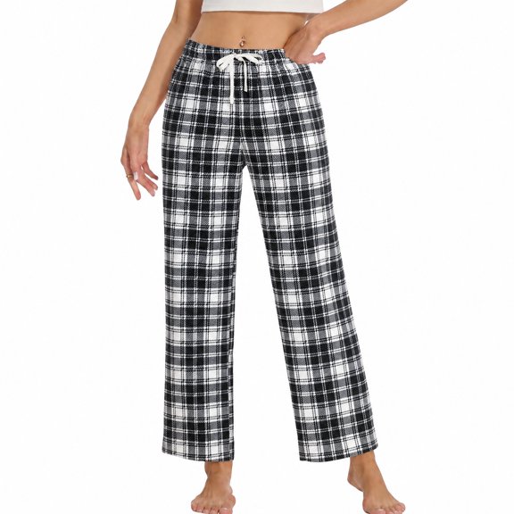 U2SKIIN Women Fleece Pajama Pants, Comfy Plaid PJ Bottoms For Women with Pockets Soft Warm(Black-White Plaid, Medium)