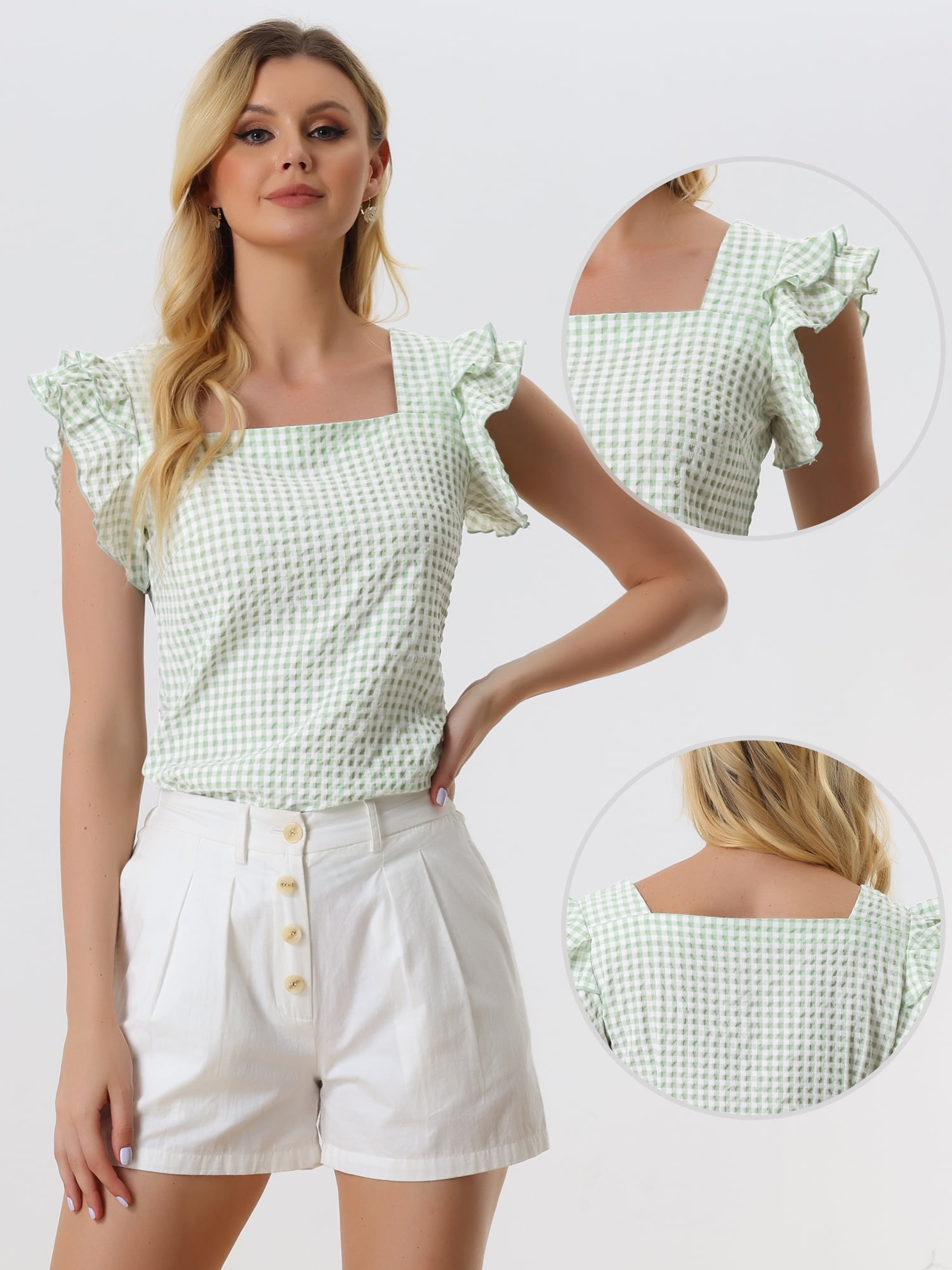 DARING DIVA Square Neck Ruffle Sleeve Blouse L Green
