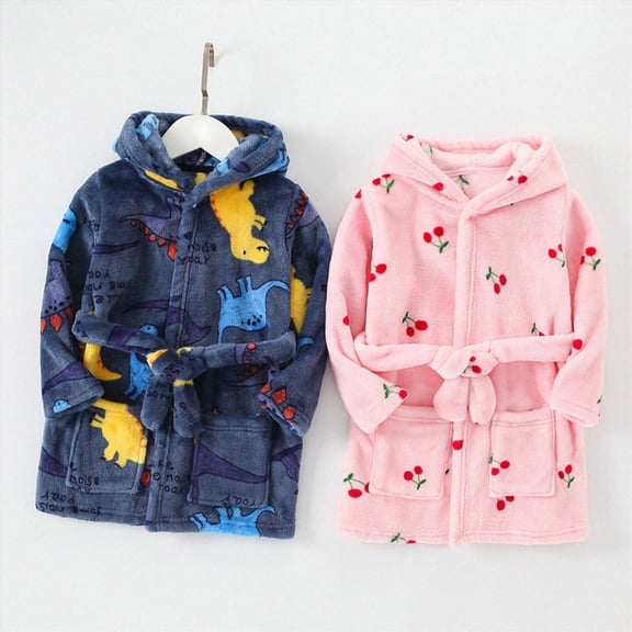Toddler Kids Boys Girls Cartoon Bathrobes Hooded Warm Flannel Night Robe Sleepwear Pajamas