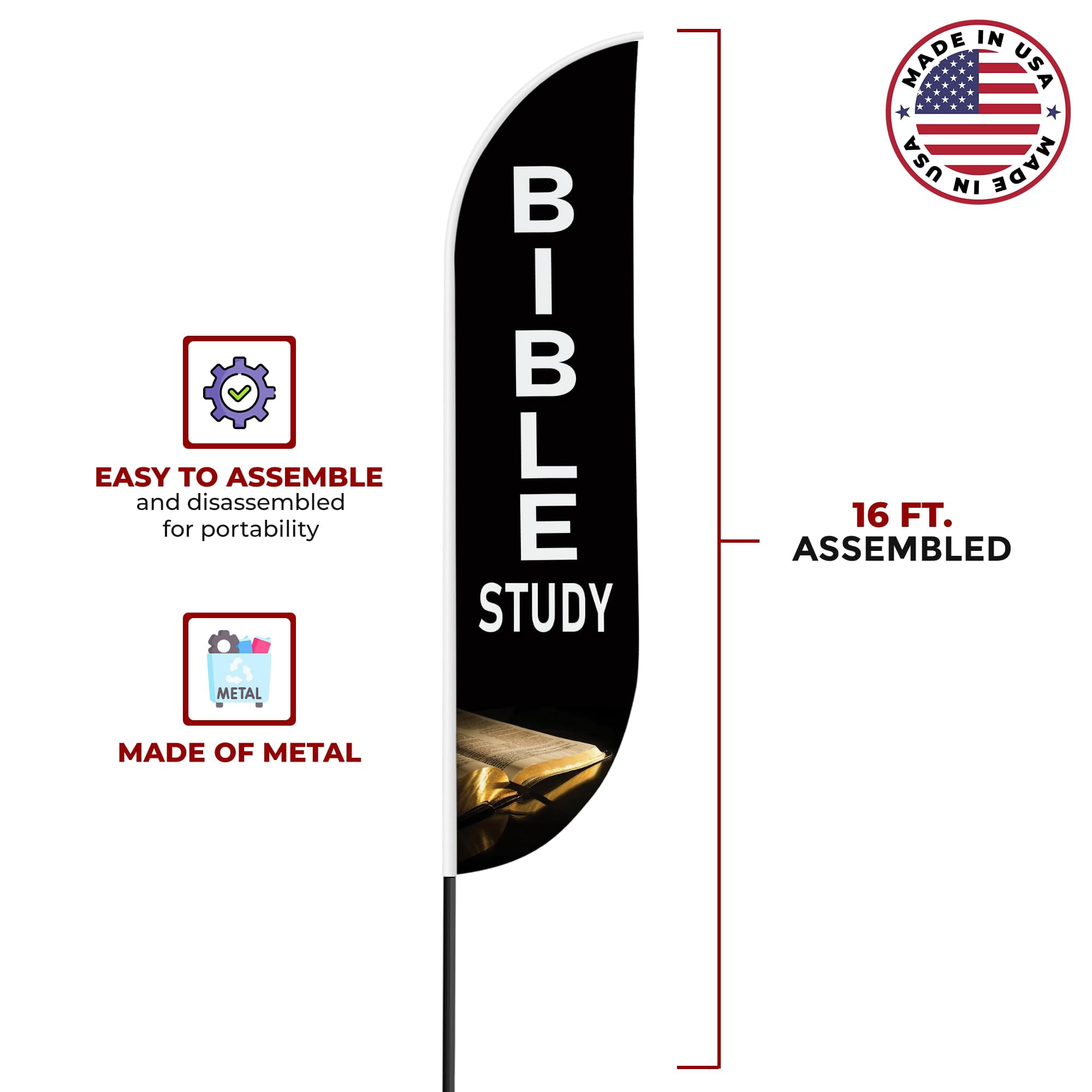 Bible Study Sign feather flag Pole kit for Outdoor by Mavis | 15 FEET Tall Polyester Banner Flag Pole Mount with Cover for Easy Hang | HD Print Swooper Flags to Promote Church Activity