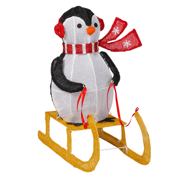 Christmas Lighted Decoration, 130 Warm White LED Lights, Adorable Penguin on Sleigh Design for Indoor or Outdoor