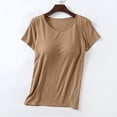 thumbnail image 2 of Feledorashia Women's Short Sleeve Tops with Built in Bra Solid Color Round Neck Casual Basic Shirt Womens Loose Fit Shirt with Built-In Cups Sports for Fitness Workout Running Yoga Tops,Khaki M, 2 of 8