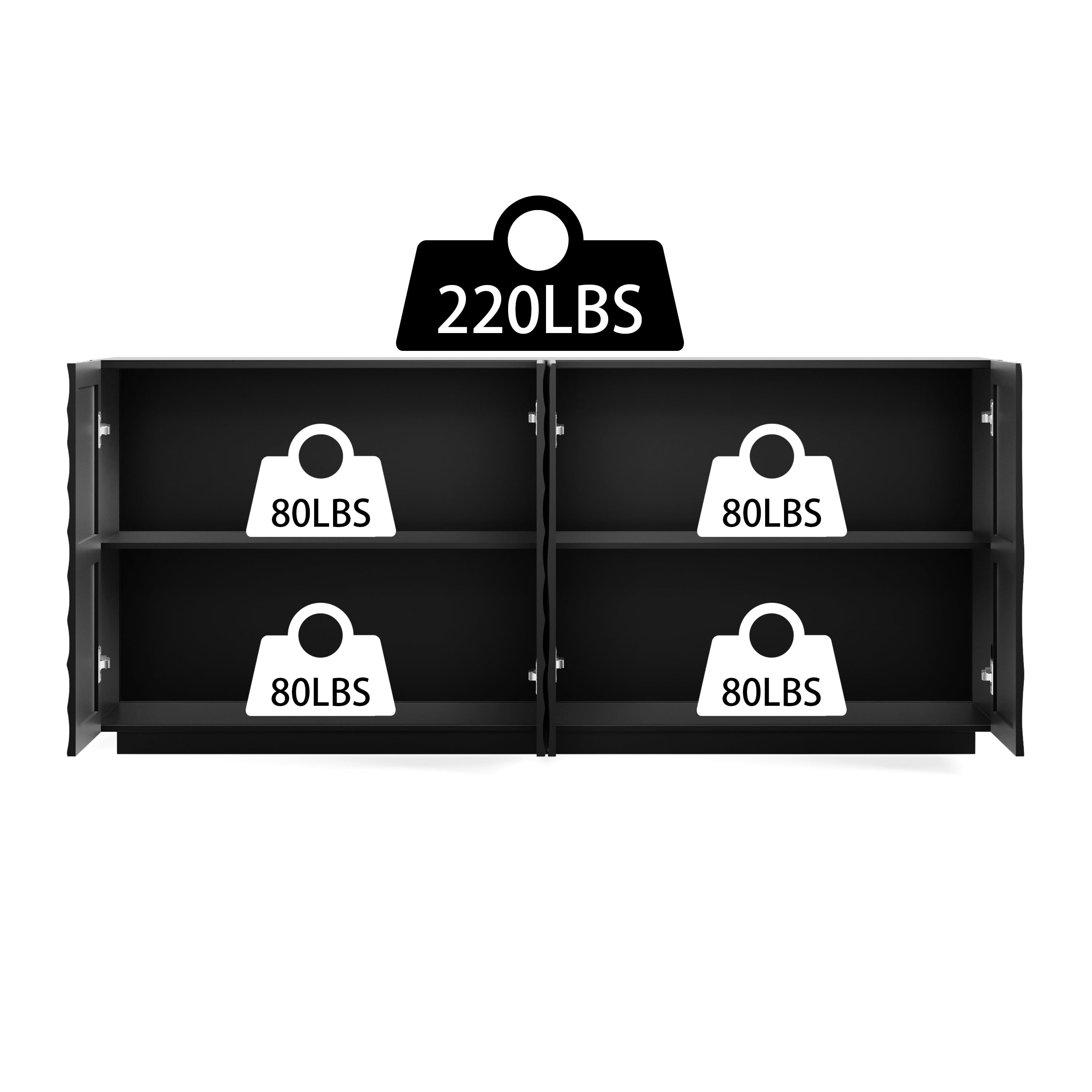 Homy Casa 60.3" Modern 4-Door Sideboard Buffet Cabinet with 3D Sunburst Front, Black