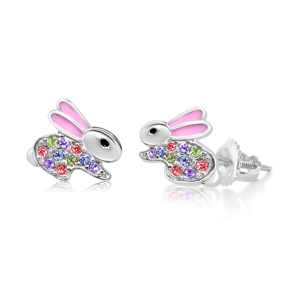 925 Sterling Silver Cute White Bunny Rabbit Pink Bow Kids Girls Stud Earrings 