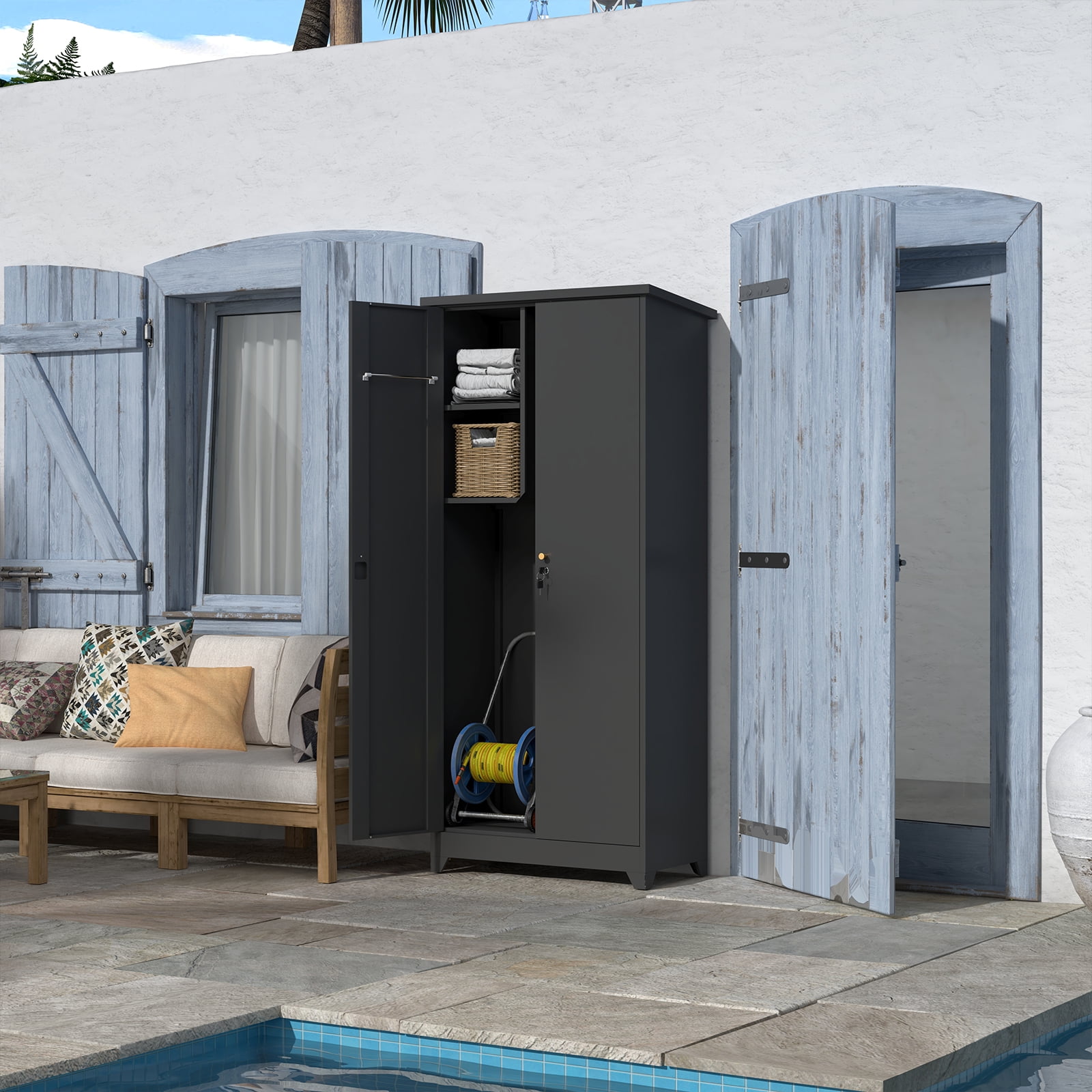 Outdoor Cabinet Outdoor Storage Cabinet Waterproof, Storage Cabinet cabinet with Shelves, Vertical Tall Garden Storage cabient & Outdoor Storage Cabinet Weatherproof for Outside in light gray