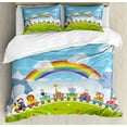 thumbnail image 1 of Nursery Duvet Cover Set Queen Size, Cartoon Railway Train with Various Animals and a Rainbow Mountains Clouds Trees, Decorative 3 Piece Bedding Set with 2 Pillow Shams, Multicolor, by Ambesonne, 1 of 3