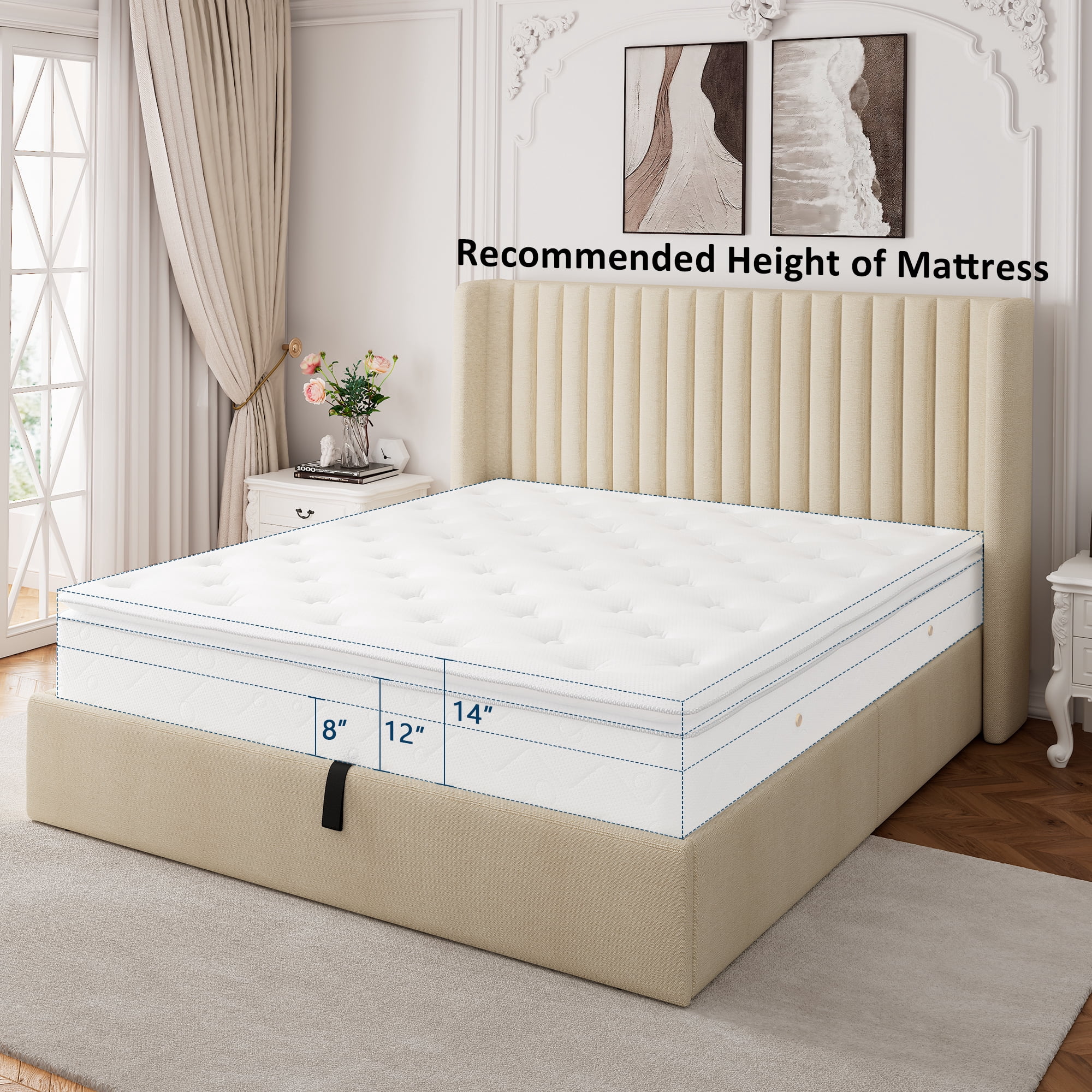 Einhomn Full Size Lift Up Storage Bed With Wingback Headboard, Upholstered Platform Bed Frame with Hydraulic Storage, Linen Fabric, No Box Spring Needed,Beige